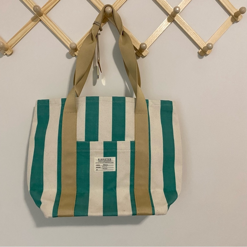 R. Riveter Green and Cream Striped Canvas Tote Bag